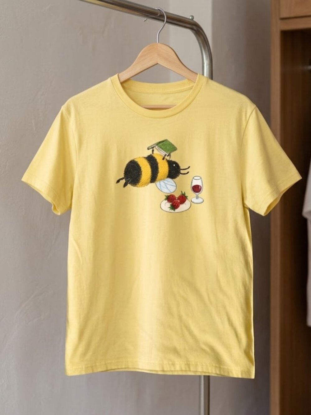Gildan Light Yellow Chubby Bee Book Strawberries Wine Graphic Tee
